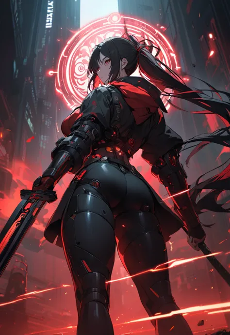 a woman,matured, perfect anatomy, cyberpunk gas mask,long pony tail hair(black hair),red aura,red magic circle,long samurai swor...