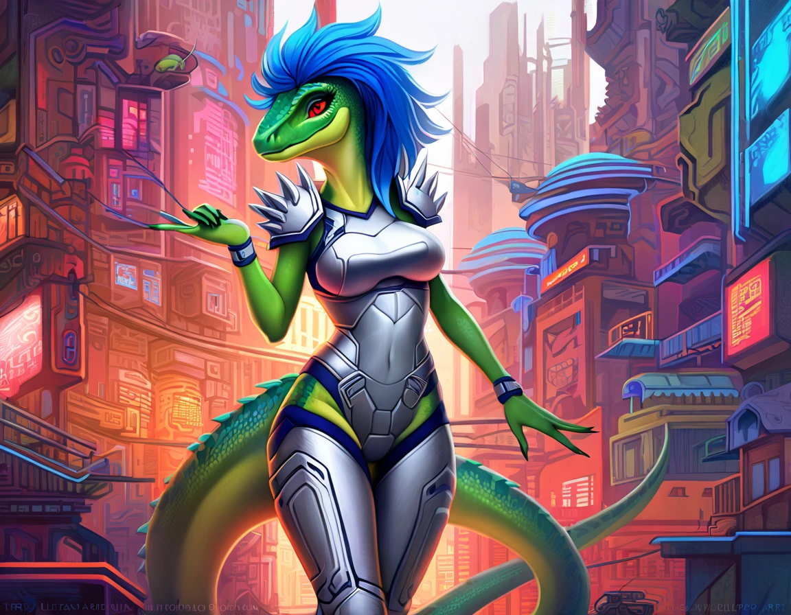 ultra qualidade, cores vivas, Velociraptop antropomórfico, fêmea, ela tem um rosto de velociraptor muito lindo, ela tem cabelo azul longo e espetado, ela é alta e magra com um corpo definido, ela tem seios de tamanho médio, ela tem quadris largos, ela tem uma pele escamosa verde muito detalhada, ela tem mãos e dedos detalhados, ela tem uma cauda detalhada de Velociraptor, ela tem olhos vermelhos detalhados, ela está usando armadura cibernética sem mangas prateada, ela está usando 2 ombreiras metálicas prateadas, ela está usando botas cibernéticas prateadas, ao fundo você pode ver uma cidade futurista, Arte em estilo 2D.
