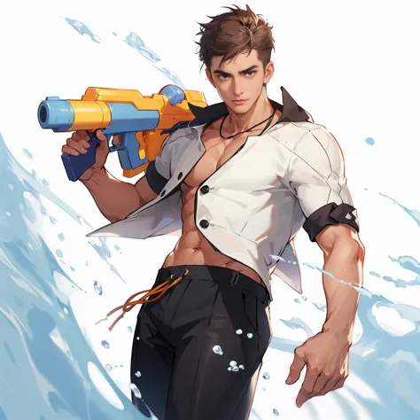 handsome male model，wearing a white suit jacket and black swimming trunks，wear sunglasses，handheld toy water gun，surf in the sea...