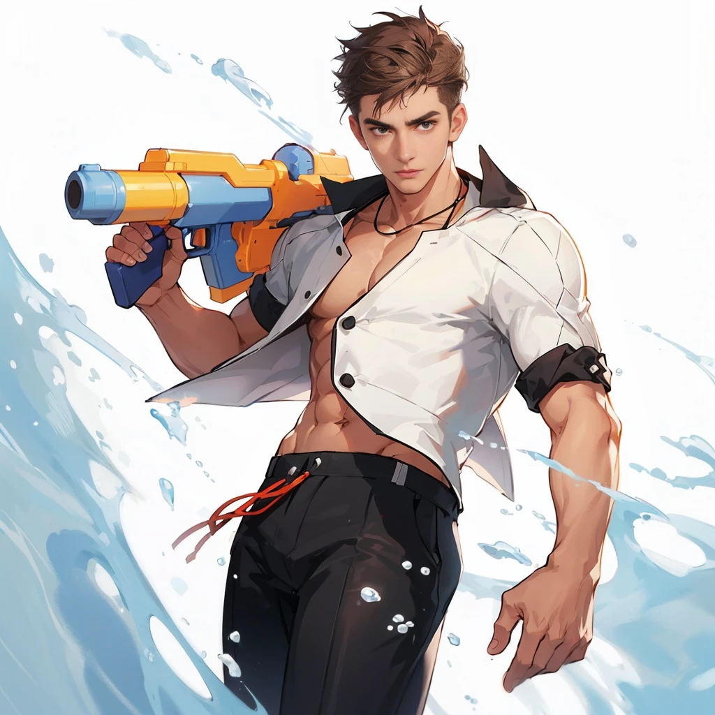  Handsome male model，Wearing a white suit jacket and black swimming trunks，Wear sunglasses，Handheld toy water gun，Surf in the sea，Armed with a water gun，Brown short hair，Dynamic moves in surfing，Front view，Side View，Handsome man，Handsome facial features，Summer Clothes，Filming，Digital character illustration，Disney art style，Protagonist image，Realistic characters，Character style，Backlight，Charming character illustration style，excellent work！Clean background iw 2, super detail, 16K, texture mask, high detail, 3d render, raytracing, Octane renderer, Blender renderer, C4D Renderer Aspects 9:16 -- less than 5 -- with 180 