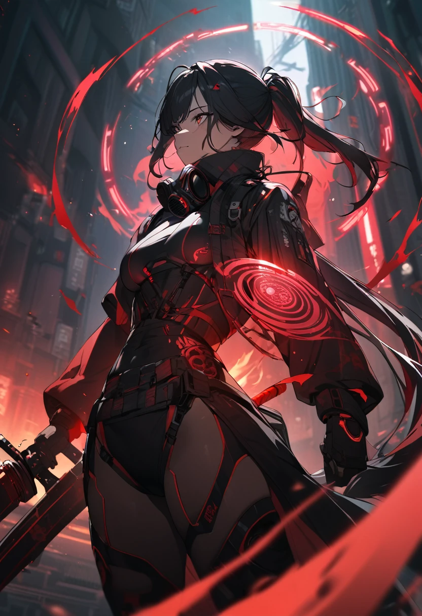 A woman,matured, perfect anatomy, cyberpunk gas mask,long pony tail hair(black hair),red aura,red magic circle,long samurai sword, cinematic lighting, cinematic angle,