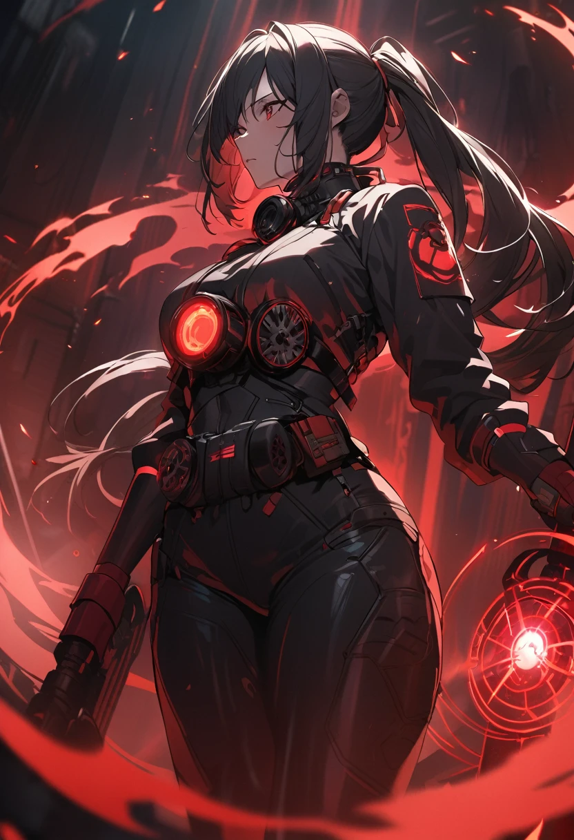 A woman,matured, perfect anatomy, cyberpunk gas mask,long pony tail hair(black hair),red aura,red magic circle,long samurai sword, cinematic lighting, cinematic angle,