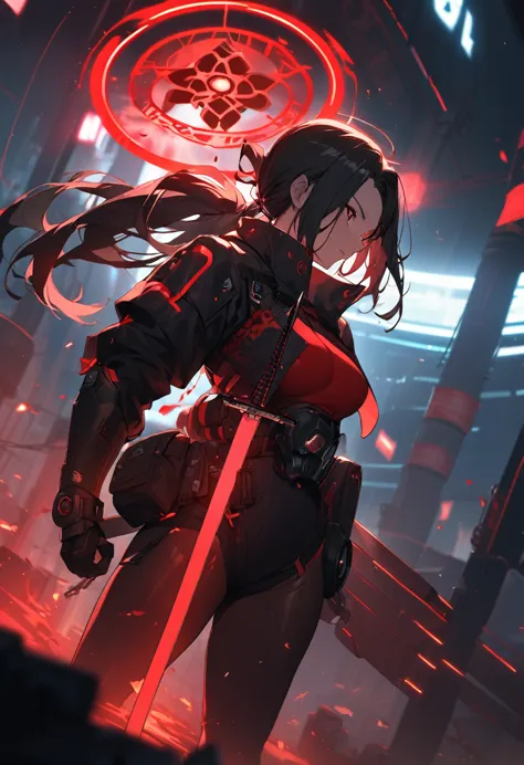 a woman,matured, perfect anatomy, cyberpunk gas mask,long pony tail hair(black hair),red aura,red magic circle,long samurai swor...