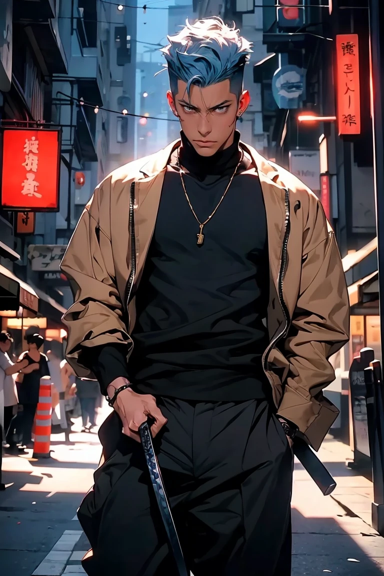 mais alta qualidade, 8K, Imagem de alta resolução, estilo anime Jujutsu Kaisen, Traços detalhados, pele levemente bronzeada, Embaçado, sorriso, luz roxa refletida nele, (visão de corpo inteiro), 1 homem, jovem, macho, modelo, cara legal, muscular, olhos azuis, light blue hair very cabelo curto, cabelo castanho, cabelo curto, Penteado: corte inferior, cabelo penteado para trás, peito inchado, ele está vestindo uma jaqueta. Torso nu, e calça de moletom, segurando uma katana na mão, pose de espadachim, corrente de elos de ouro, fundo: cidade, Tóquio, Distrito comercial, ele é um espadachim, stands in a pose de espadachim, com katana na mão pronto para lutar