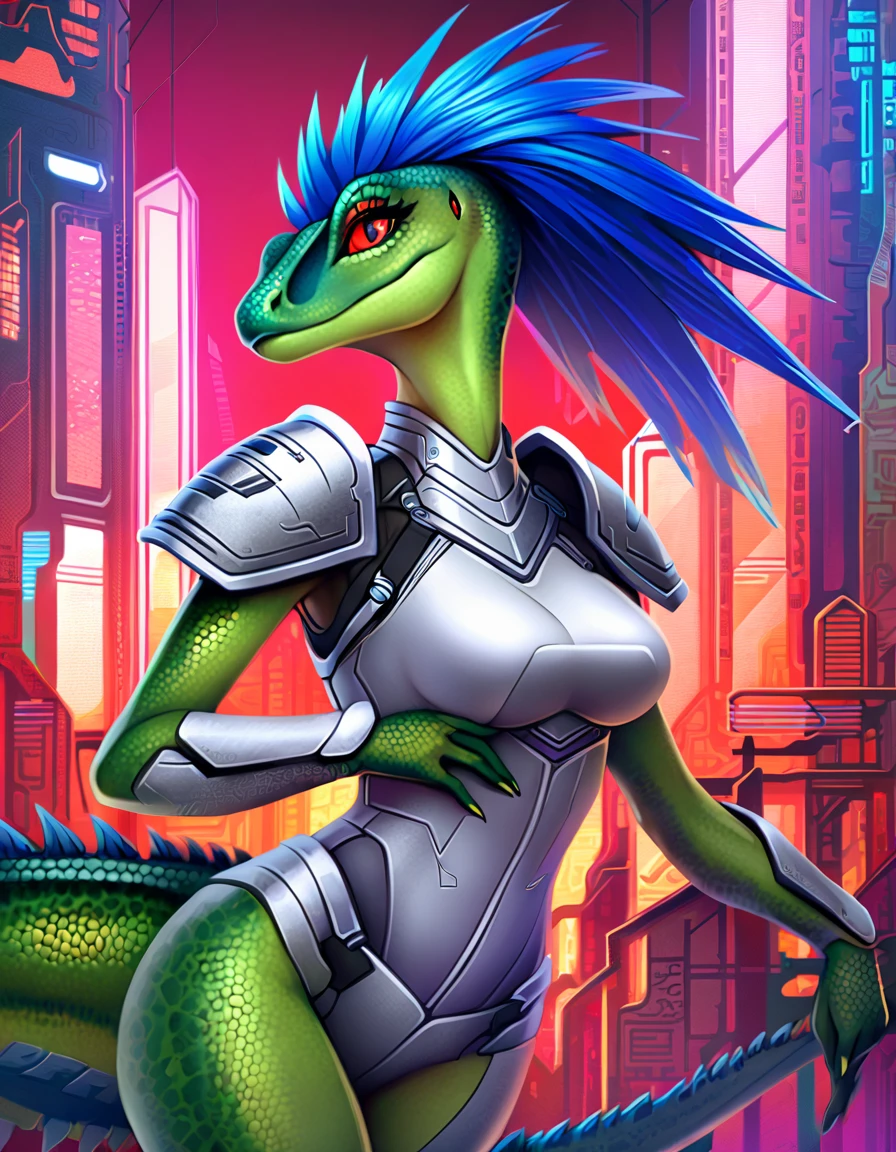 ultra quality, vivid colors, anthropomorphic Velociraptop, female, she has a very beautiful velociraptor face, she has long spiky blue hair, she is tall and slim with a defined body, she have a medium size breasts, she has wide hips, she has very detailed green scaly skin, she has detailed hands and fingers, she has a detailed Velociraptor tail, she has detailed red eyes, she is wearing silver-colored sleeveless cybernetic armor, she is wearing 2 silver-colored metallic shoulder pads, she is wearing silver-colored cybernetic boots, in the background you can see a futuristic city, 2d style art.
