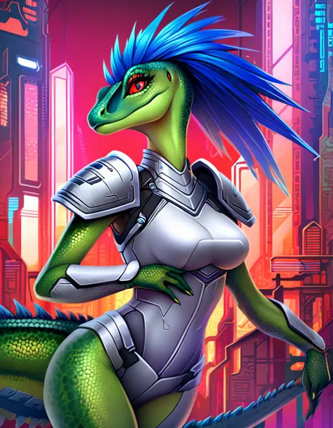 ultra quality, vivid colors, anthropomorphic Velociraptop, female, she has a very beautiful velociraptor face, she has long spik...