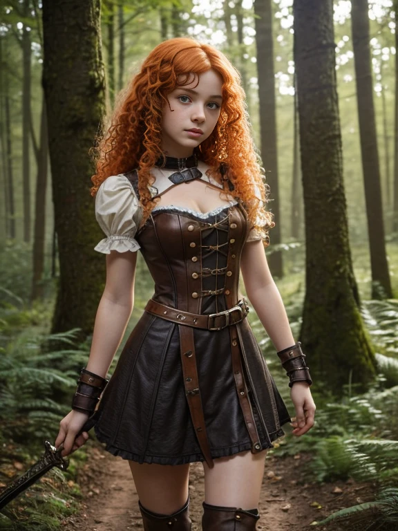 15 year old girl, Lovely, orange hair, Very short, Very curly, slim, flat bust, with freckles on the face, with slavic features, steampunk dress, Whole body, two hands, sword in right hand, shows her legs, In the woods.