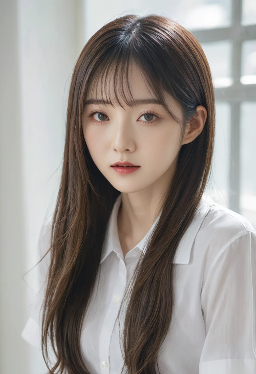 There is a woman with long hair and a white shirt., normal number, korean artist, Minjeong Shin, Jiyoung Kwak, Heonhwa Choi, Louise Zhang, Frontal portrait, jiyun chae, Taejun Kim, Hyunjoo Kim, Artist Yokoyama Arata, nishimiya shouko, professional profile photo, Portrait image, Jaeyeon Nam