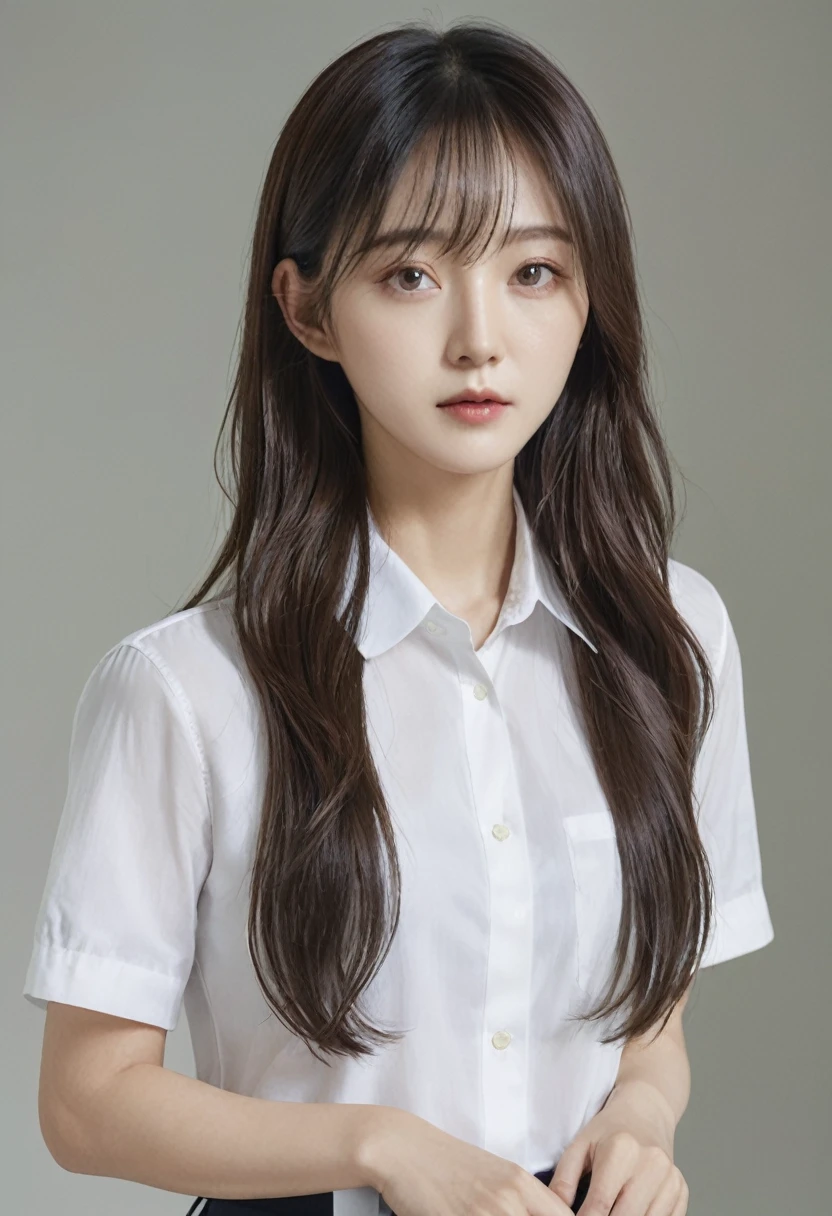 There is a woman with long hair and a white shirt., normal number, korean artist, Minjeong Shin, Jiyoung Kwak, Heonhwa Choi, Louise Zhang, Frontal portrait, jiyun chae, Taejun Kim, Hyunjoo Kim, Artist Yokoyama Arata, nishimiya shouko, professional profile photo, Portrait image, Jaeyeon Nam