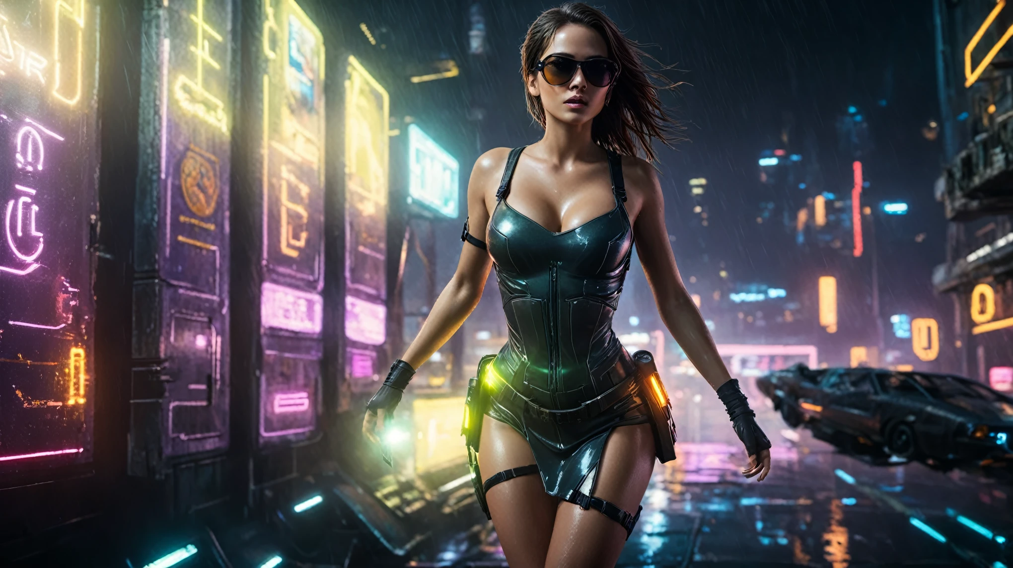 (aerial view, a flying cars docking platform, a very dark abandoned futuristic city, neon lights), rainy night. A girl as Lara Croft, solo, alone, large-breast:1.2 slim body, cleavage:1.1, sexy wind blowing wet dress:1.4, (headphone, black sunglasses), (((((she raised:1.8 a pistol:1.8 and took aim at viewer))))), dynamic pose, (((half-body thigh level medium shot))), cinematic lighting, lens flare, ray tracing.