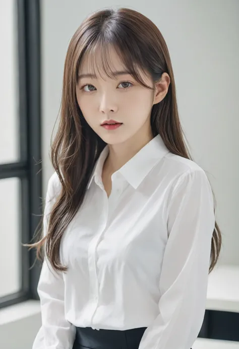 there is a woman with long hair and a white shirt., normal number, korean artist, minjeong shin, jiyoung kwak, heonhwa choi, lou...