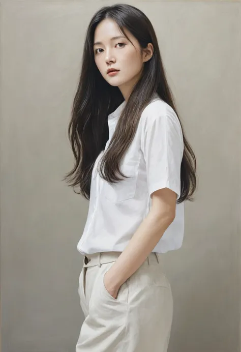 there is a woman with long hair and a white shirt., a painting by kim jeong-hee, doesn&#39;t bounce, what is that?, normal numbe...