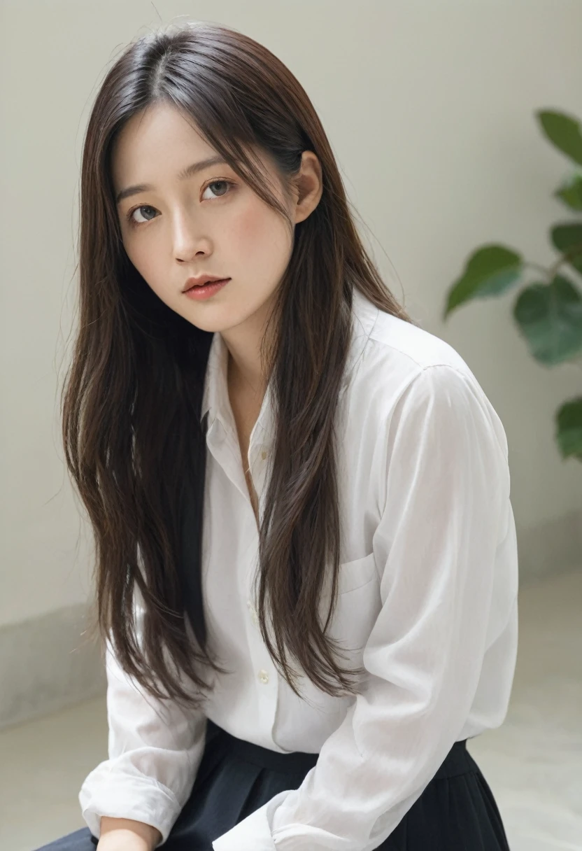 There is a woman with long hair and a white shirt., A painting by Kim Jeong-hee, Doesn&#39;t bounce, What is that?, normal number, korean artist, Minjeong Shin, Jiyoung Kwak, Heonhwa Choi, Louise Zhang, Frontal portrait, jiyun chae, Taejun Kim, Hyunjoo Kim, Artist Yokoyama Arata