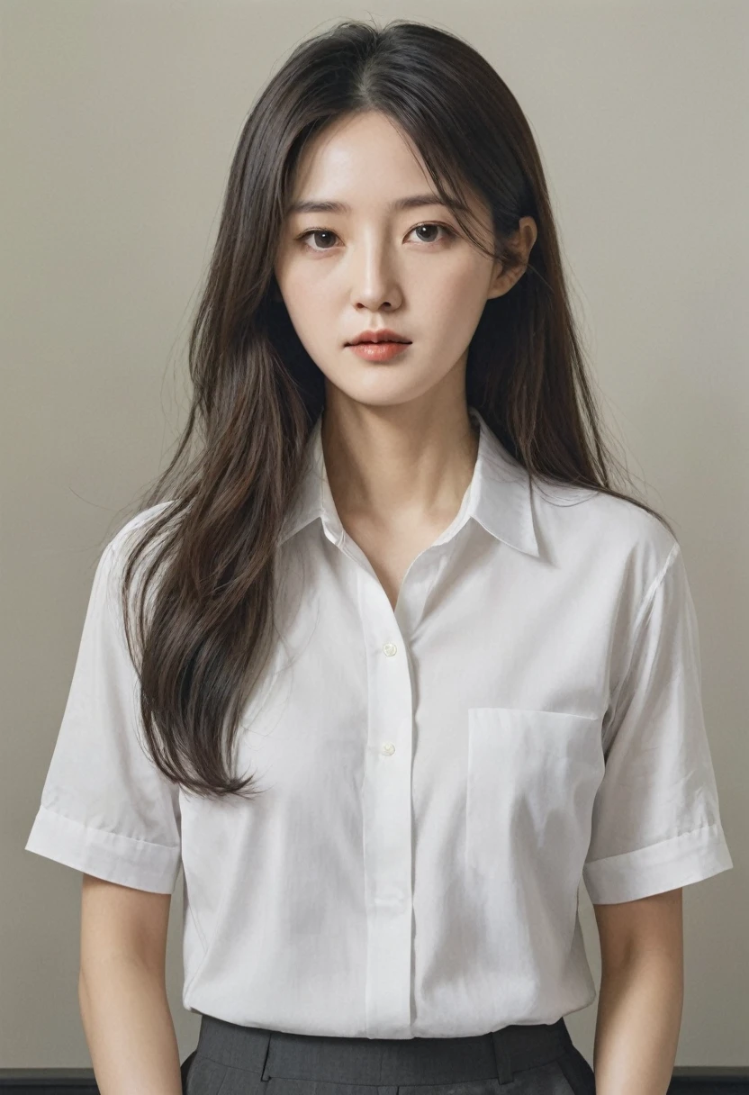 There is a woman with long hair and a white shirt., A painting by Kim Jeong-hee, Doesn&#39;t bounce, What is that?, normal number, korean artist, Minjeong Shin, Jiyoung Kwak, Heonhwa Choi, Louise Zhang, Frontal portrait, jiyun chae