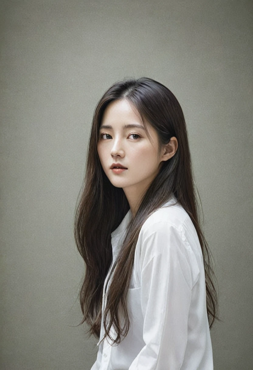 There is a woman with long hair and a white shirt., A painting by Kim Jeong-hee, Doesn&#39;t bounce, What is that?, normal number, korean artist, Minjeong Shin, Jiyoung Kwak, Heonhwa Choi, Louise Zhang, Frontal portrait, jiyun chae