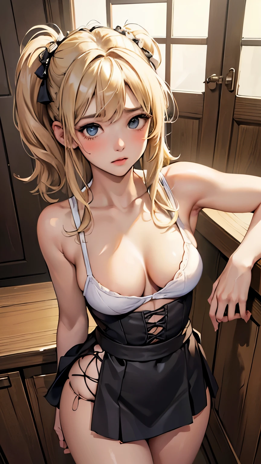 ((masterpiece, highest quality, Highest image quality, High resolution, photorealistic, Raw photo, 8K)), Ultra Wide Angle, blonde, maid dress, mini skirt, medium hair, onnanoko, (cleavage:1.3), (side boob:1.2), (wide waist:1.2), sexy thighs, naval, loose appron, sad, blushing, (small breast:1.2), (breast gap:1.4)