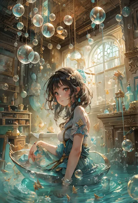 an anime girl in a blue dress、sitting in a room with bubbles floating around, anime fantasy illustration, fantasy art style, art...