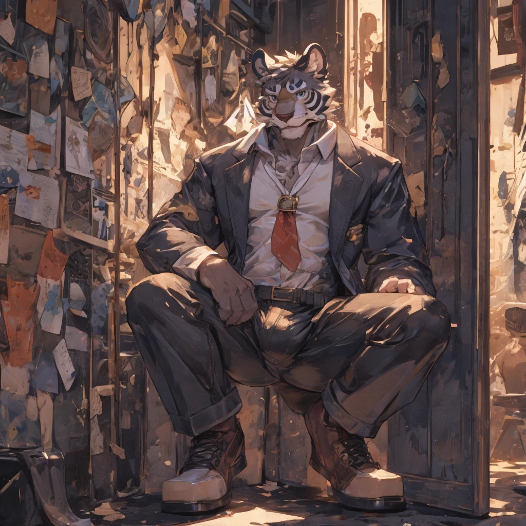 {{bara extremely handsome blanco tiger student,}} {{blanco fur,}} blanco, vistiendo chaqueta, pantalones, blanco dress shirt and necktie, blanco fluffy furry body and limbs, mocasines, Muy alto, hombros muy anchos, cintura estrecha, brazos musculosos, pectorales masivos, ojos morados, piernas muy largas, bulto masivo, mirada sofisticada y caliente, 3/4 ver, mejor calidad, apoyado en la pared, Alto detalle, Imagen CG, arte de bienvenida del personaje, Pendiente de plata en la oreja izquierda, sonrisa sensual