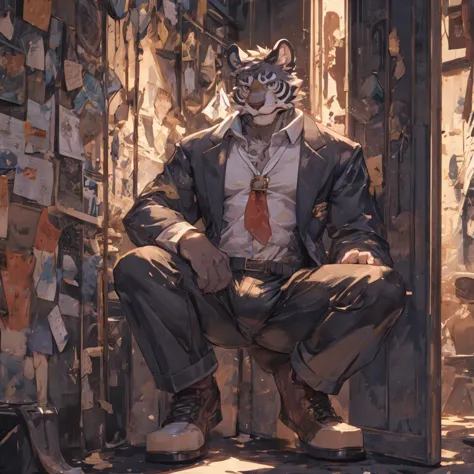 {{bara extremely handsome white tiger student,}} {{white fur,}} white, wearing  blazer, trousers, white dress shirt and necktie,...