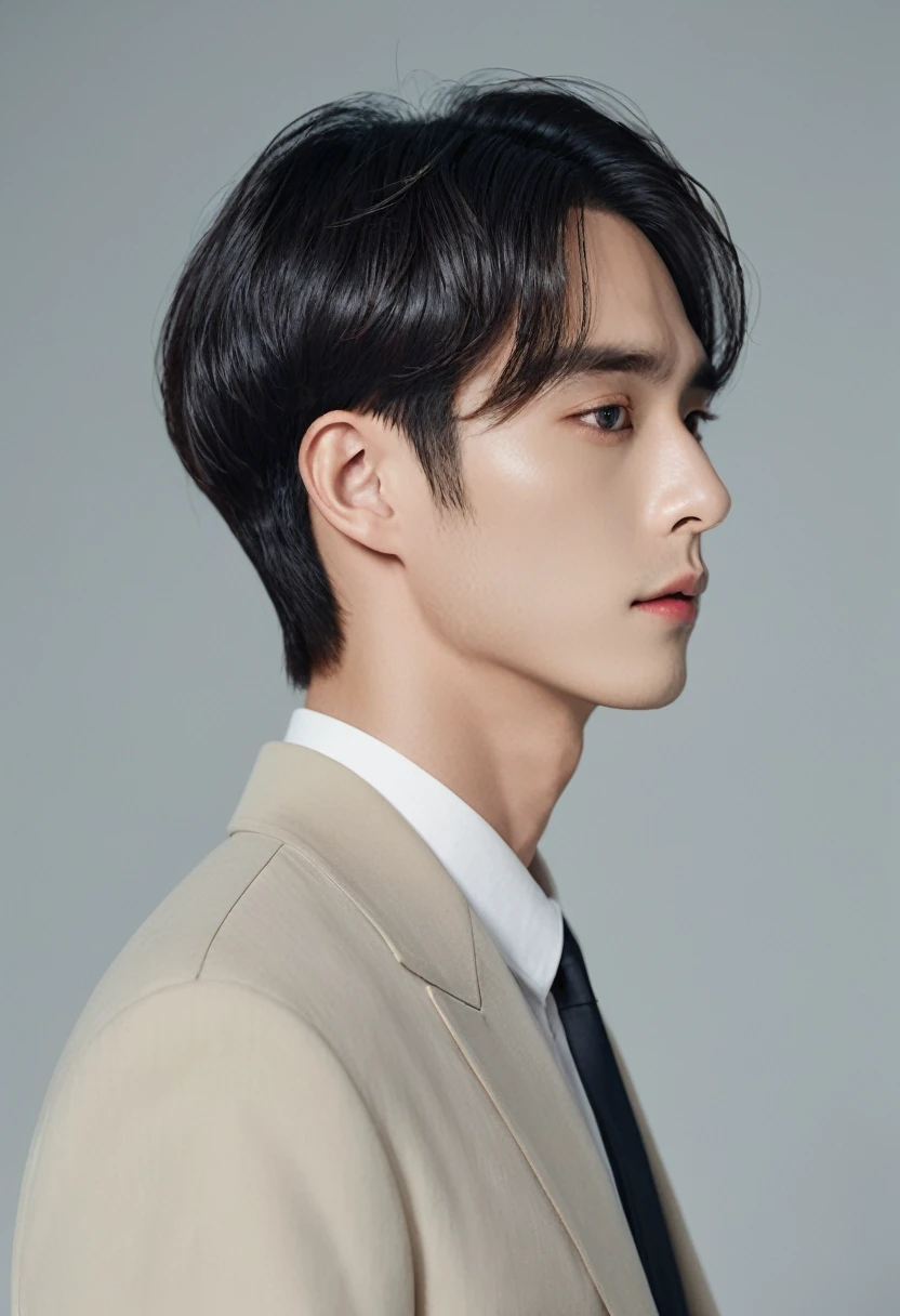 There is a man holding a cell phone in his hand, in your profile, Taejun Kim, Doyoung Kim, side profile portrait, Close-up profile face, left profile, prominent jawline, Sharp jawline, side profile shot, Profile Pose, Slightly defined jawline, well defined jawline, side view, Lee Won Bin, korean artist, Close-up profile