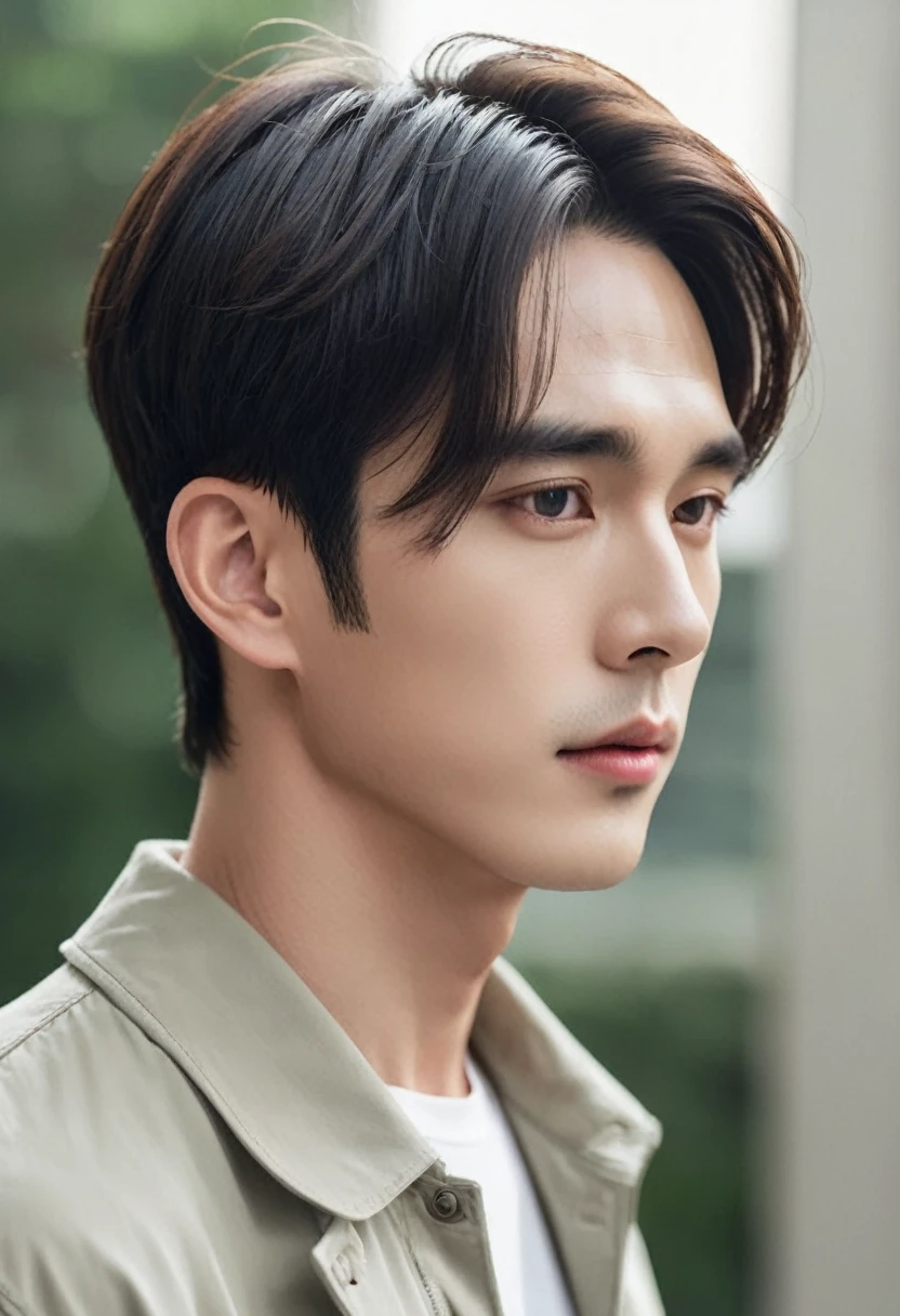 There is a man holding a cell phone in his hand, in your profile, Taejun Kim, Doyoung Kim, side profile portrait, Close-up profile face, left profile, prominent jawline, Sharp jawline, side profile shot, Profile Pose, Slightly defined jawline, well defined jawline, side view, Lee Won Bin, korean artist, Close-up profile