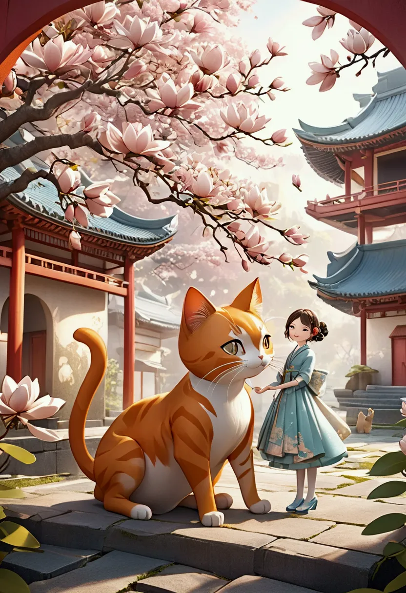 a giant orange cat，with long tail，whimsical surreal 3d rendering, thick hair, located in an ancient, well-designed buildings. th...