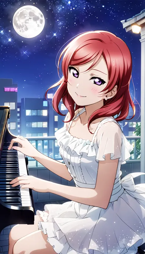 create an illustration of maki nishikino from love live. she has red hair and purple eyes, depicted in the highest quality. she ...