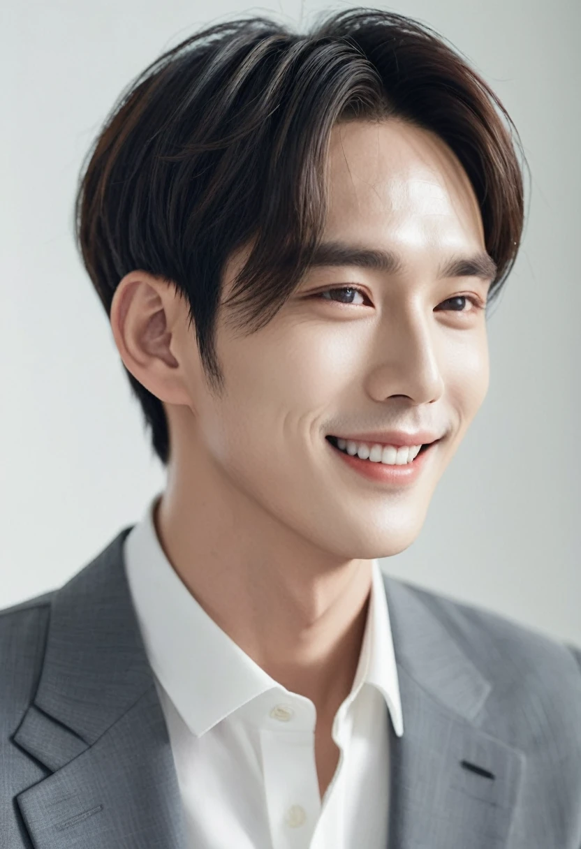 There is a man smiling, in your profile, Taejun Kim, Doyoung Kim, side profile portrait, Close-up profile face, The background is white, A striking smiling face, Sharp jawline, side profile shot, Profile Pose, Slightly defined jawline, well defined jawline, side view, Lee Won Bin, korean artist, Close-up profile