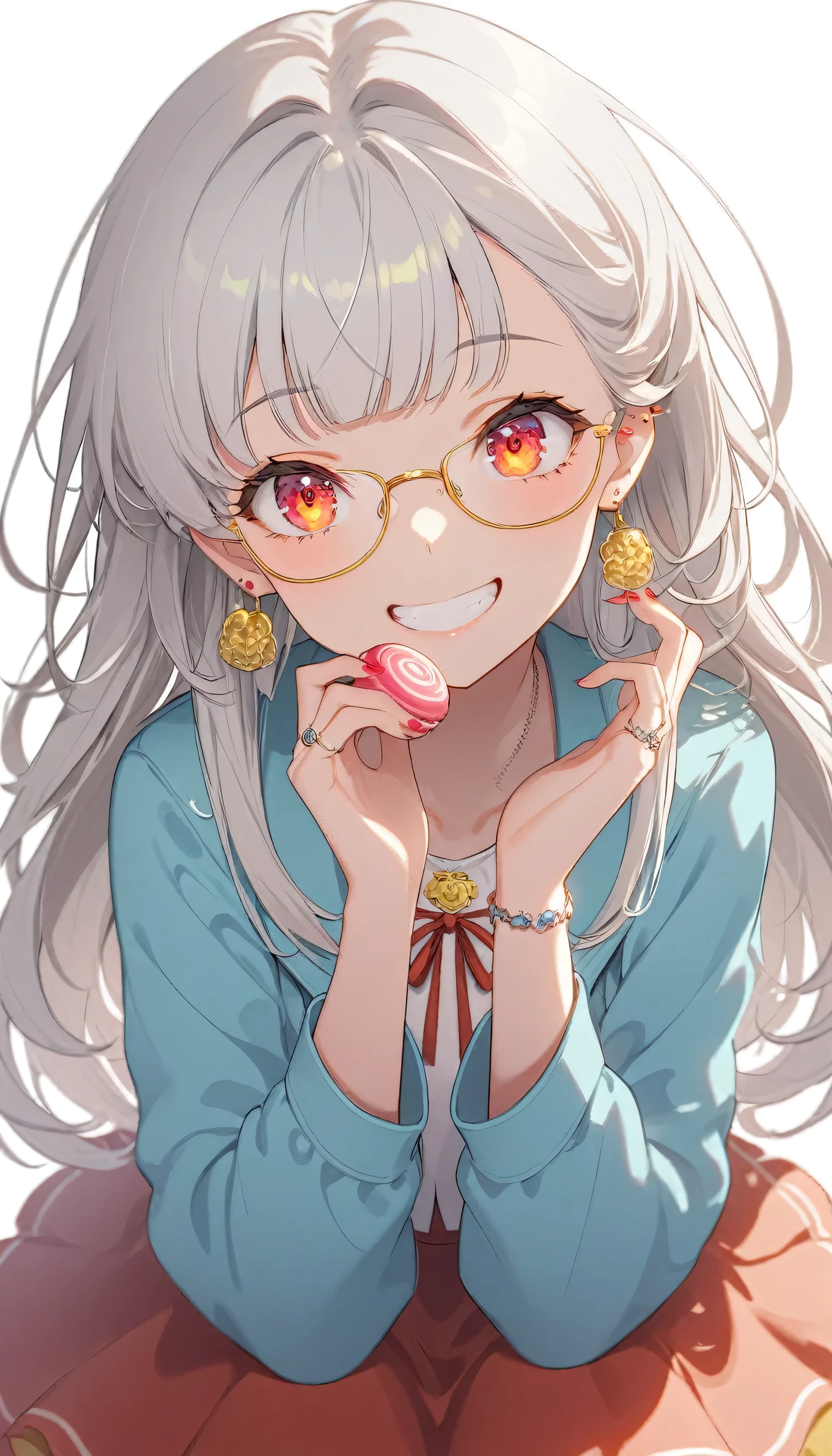 One girl, alone, Long Hair, View your viewers, smile, bangs, ((Blue Jacket)), Red pastel skirt、Red eyes,White hair in the eye、Beautiful eyes that shine、((yellow boater hat with red ribbon))、White Jewelry, Sitting, Jacket, Upper Body, Silver Hair、 earrings, Glasses, teeth, Grin, open Jacket, Earrings, ring, ear Earrings, White Background、White background,Umaibo、Candy、Eat sweets