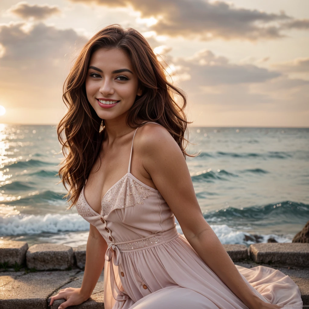 A 22-year-old woman with an elegant appearance. A 22-year-old model posing on a seaside promenade at sunset. The sun is setting in the background, casting a golden glow over the scene. My long, wavy chestnut hair cascades over my shoulders and frames my face, highlighting my green eyes. My full, dark red lips are shaped into a smile. My button nose is sprinkled with freckles, contrasting with my tanned skin. My eyebrows are thick and dark, giving me a seductive look. My cheekbones are high and defined, and my eyelashes are long and curled. My curves are accentuated. My pose is elegant and relaxed, with my body facing the camera and my face turned to one side. I’m wearing a light summer dress that flutters in the breeze. My hair is loose, and my makeup is light and natural. The shot is taken from a distance, with the camera positioned slightly lower to emphasize my beauty. There is a warm, romantic atmosphere, and I am laughing and smiling, looking happy. My teeth are white. My hands are not in the frame. The photo quality is from an iPhone 13.
