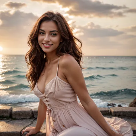A 22-year-old woman with an elegant appearance. A 22-year-old model posing on a seaside promenade at sunset. The sun is setting ...
