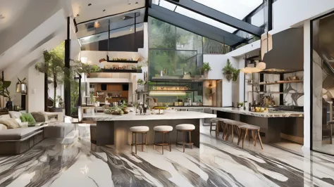 home improvement renderings, urban-style home, a kitchen with a large island and a skylight above it and a dining table with cha...