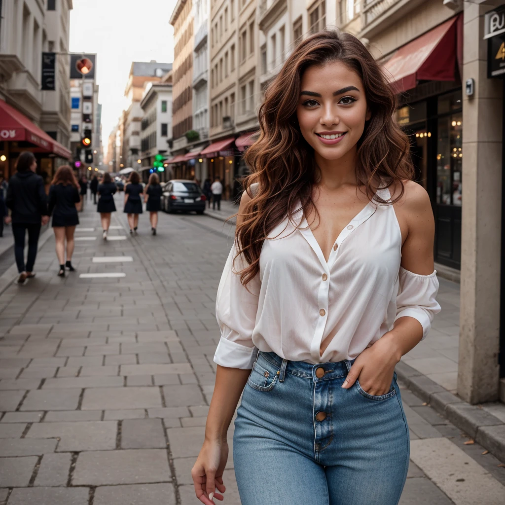 Uma mulher de 22 anos com uma aparência elegante. Um modelo 2 posando em uma rua urbana movimentada durante o dia. O horizonte da cidade é visível ao fundo. Meu longo, cabelo castanho ondulado cai sobre meus ombros e emoldura meu rosto, destacando meus olhos verdes. Meu completo, lábios vermelhos escuros são moldados em um sorriso. Meu nariz botão é salpicado de sardas, contrastando com minha pele bronzeada. Minhas sobrancelhas são grossas e escuras, me dando um visual sedutor. Minhas maçãs do rosto são altas e definidas, e meus cílios são longos e enrolados. Minhas curvas são acentuadas. Minha pose é elegante e relaxada, com meu corpo de frente para a câmera e meu rosto voltado para o lado. Estou a usar uma blusa elegante e calças de cintura alta, Perfeito para um dia na cidade. Meu cabelo está solto, e minha maquiagem é leve e natural. O tiro é tirado à distância, com a câmera posicionada ligeiramente mais baixa para enfatizar minha beleza. há uma vibração, atmosfera dinâmica, e estou rindo e sorrindo, parecendo feliz. Meus dentes são brancos. Minhas mãos não estão no quadro. A qualidade da foto é de um iPhone 13.
