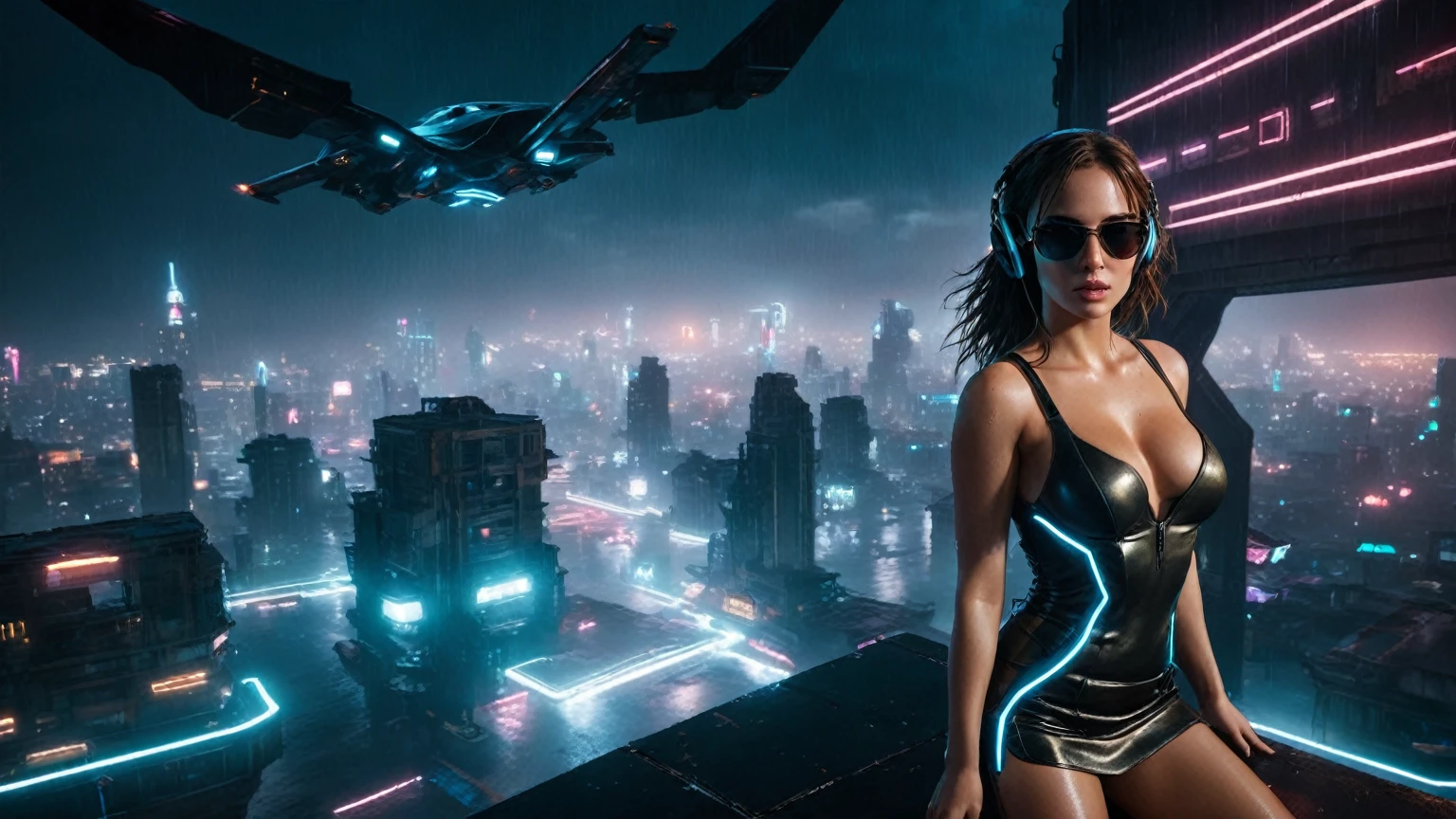 (aerial view, a flying cars docking platform, a very dark abandoned futuristic city, neon lights), rainy night. A girl as Lara Croft, solo, alone, large-breast:1.2 slim body, cleavage:1.1, sexy wind blowing wet dress:1.4, (headphone, black sunglasses), (((((she raised:1.8 a pistol:1.8 and took aim at viewer))))), dynamic pose, (((half-body thigh level medium shot))), cinematic lighting, lens flare, ray tracing.