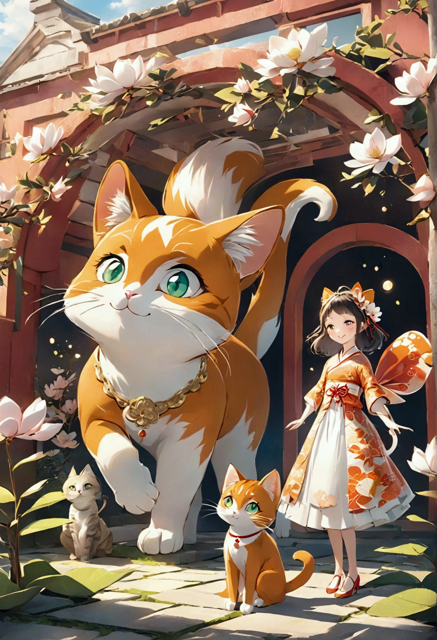 A giant orange cat，with long tail，Whimsical surreal 3D rendering, Thick hair, Located in an ancient, Well-designed buildings. The cat gazes lovingly at a young woman in an exquisite dress, Decorated with magnolia flower pattern. woman, With a bright smile, Gently grasp the cat&#39;s front paws, The red wall behind them is decorated with delicate magnolia flowers.. The whole scene exudes a dreamy, Magical atmosphere, reminiscent of an Japanese cartoons-inspired fantasy., 3D Rendering, Japanese cartoons