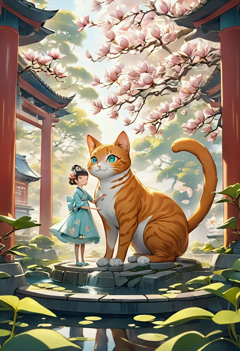 A giant orange cat，with long tail，Whimsical surreal 3D rendering, Thick hair, Located in an ancient, Well-designed buildings. The cat gazes lovingly at a young woman in an exquisite dress, Decorated with magnolia flower pattern. woman, With a bright smile, Gently grasp the cat&#39;s front paws, The red wall behind them is decorated with delicate magnolia flowers.. The whole scene exudes a dreamy, Magical atmosphere, reminiscent of an Japanese cartoons-inspired fantasy., 3D Rendering, Japanese cartoons