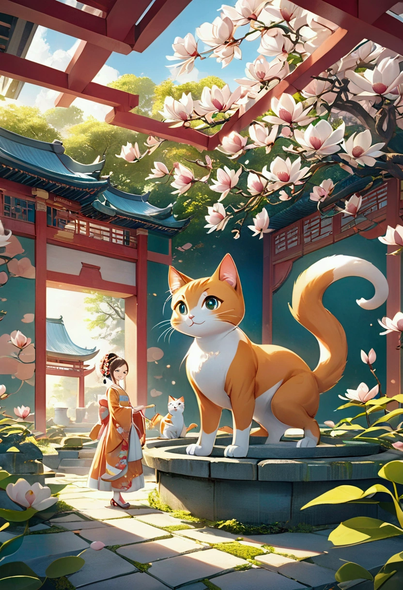 A giant orange cat，with long tail，Whimsical surreal 3D rendering, Thick hair, Located in an ancient, Well-designed buildings. The cat gazes lovingly at a young woman in an exquisite dress, Decorated with magnolia flower pattern. woman, With a bright smile, Gently grasp the cat&#39;s front paws, The red wall behind them is decorated with delicate magnolia flowers.. The whole scene exudes a dreamy, Magical atmosphere, reminiscent of an Japanese cartoons-inspired fantasy., 3D Rendering, Japanese cartoons