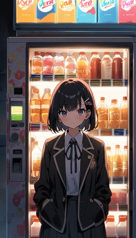 in front of the vending machine、high school girl、black bob hair、hairpin、there&#39;s a guy standing next to me with his penis out...