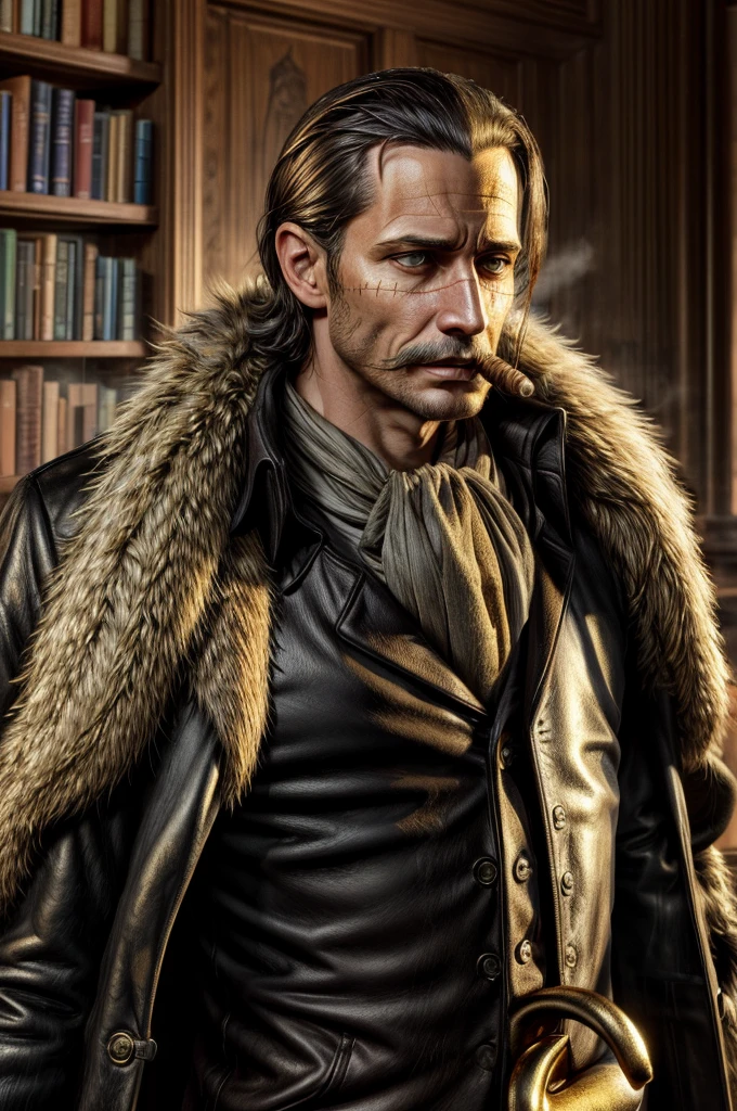 masterpiece, best quality, extremely detailed, hyperrealistic, photorealistic, a cool 40s man, ultra detailed face:1.2, fur-trimmed coat, scarf around the neck, his left hand is a golden pirate hook:1.1, cigar, library, reading book, from below
