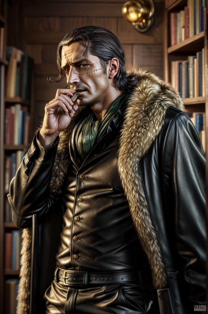 masterpiece, best quality, extremely detailed, hyperrealistic, photorealistic, a cool 40s man, ultra detailed face:1.2, fur-trimmed coat, scarf around the neck, his left hand is a golden pirate hook:1.1, cigar, library, reading book, from below
