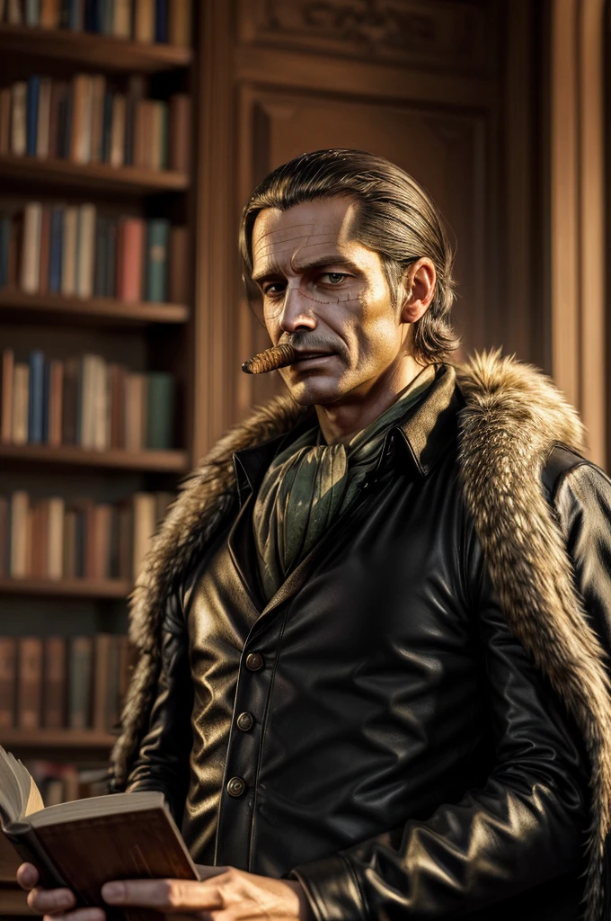 masterpiece, best quality, extremely detailed, hyperrealistic, photorealistic, a cool 40s man, ultra detailed face:1.2, fur-trimmed coat, scarf around the neck, his left hand is a golden pirate hook:1.1, cigar, library, reading book, from below
