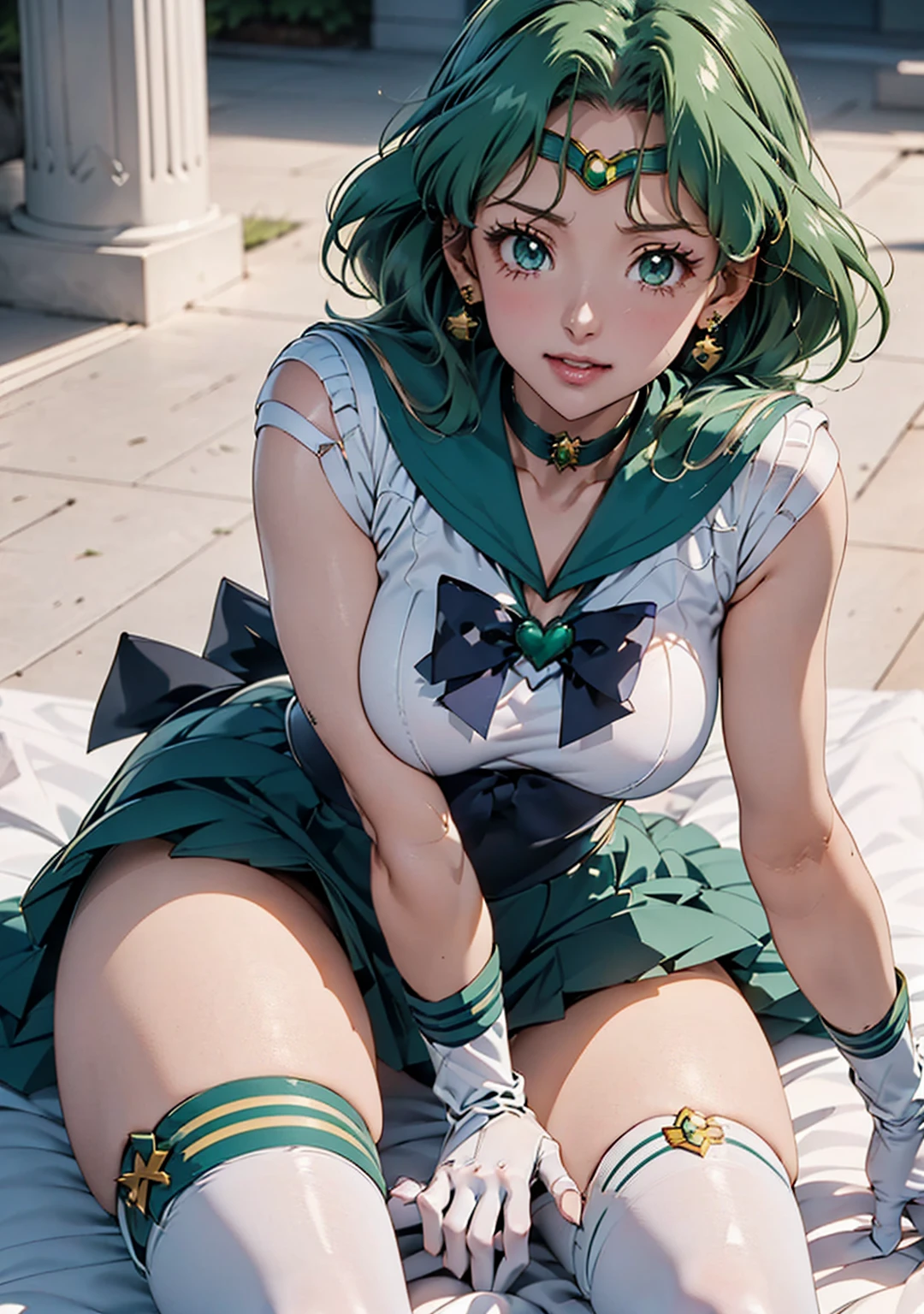 (La Highest quality,High resolution,Very detailed,Actual),Ariana Grande,One Girl, Sailor Neptune, (Sailor Warrior Uniforms:1.4), Dark green hair, Medium Hair, Supplicant Skirt, Earrings, (白いElbow hand pockets:1.4), gem, Center of chest, Dynamic Background, Dynamic posture, High heels,More detailed 8K.Unreal Engine:1.4,超High resolution,La Highest quality:1.4, Realistic:1.4, Skin Texture:1.4, masterpiece:1.8,masterpiece, Highest quality,Object Object], (Detailed facial features:1.3),(Great hands),,(White knee-high boots: 1.4), choker, (White gloves:1.4), choker verde, Elbow hand pockets, gem, Earrings, Green Skirt, Green Hair,(Sailor Neptune:1.4),(Half Body:1.4) ,(Hand Detail:1.4 ), ,( Cyberpunk 2.1),( Beautiful green eyes ), ((Spread your legs:1.5)), ((spread pussy:1.3)), From the knee up, Sitting, Raise your knees, Raise your arms above your head, ((lying on bed:1.3)), 