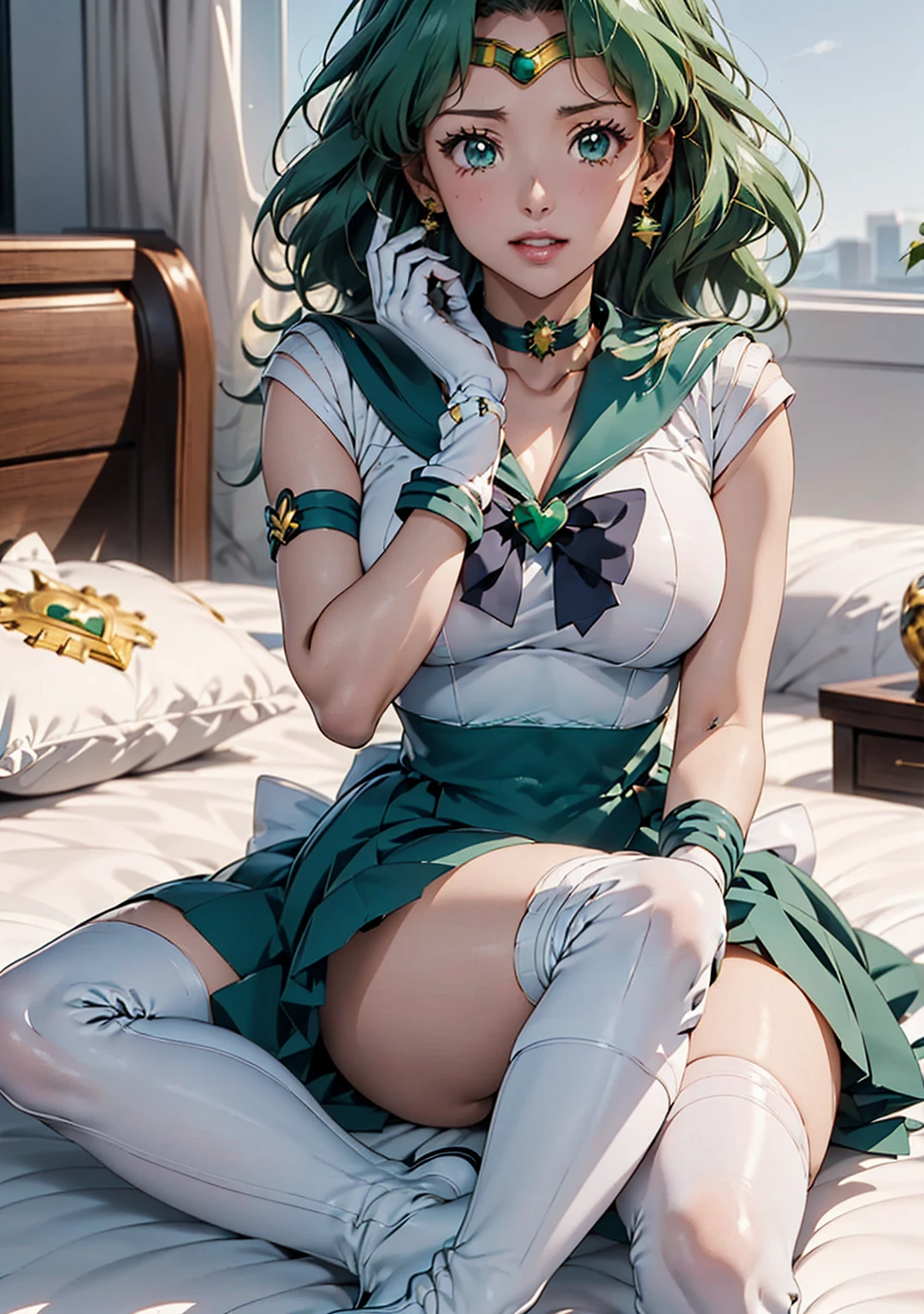 (La Highest quality,High resolution,Very detailed,Actual),Ariana Grande,One Girl, Sailor Neptune, (Sailor Warrior Uniforms:1.4), Dark green hair, Medium Hair, Supplicant Skirt, Earrings, (白いElbow hand pockets:1.4), gem, Center of chest, Dynamic Background, Dynamic posture, High heels,More detailed 8K.Unreal Engine:1.4,超High resolution,La Highest quality:1.4, Realistic:1.4, Skin Texture:1.4, masterpiece:1.8,masterpiece, Highest quality,Object Object], (Detailed facial features:1.3),(Great hands),,(White knee-high boots: 1.4), choker, (White gloves:1.4), choker verde, Elbow hand pockets, gem, Earrings, Green Skirt, Green Hair,(Sailor Neptune:1.4),(Half Body:1.4) ,(Hand Detail:1.4 ), ,( Cyberpunk 2.1),( Beautiful green eyes ), ((Spread your legs:1.5)), ((spread pussy:1.3)), From the knee up, Sitting, Raise your knees, Raise your arms above your head, ((lying on bed:1.3)), Showing nipples