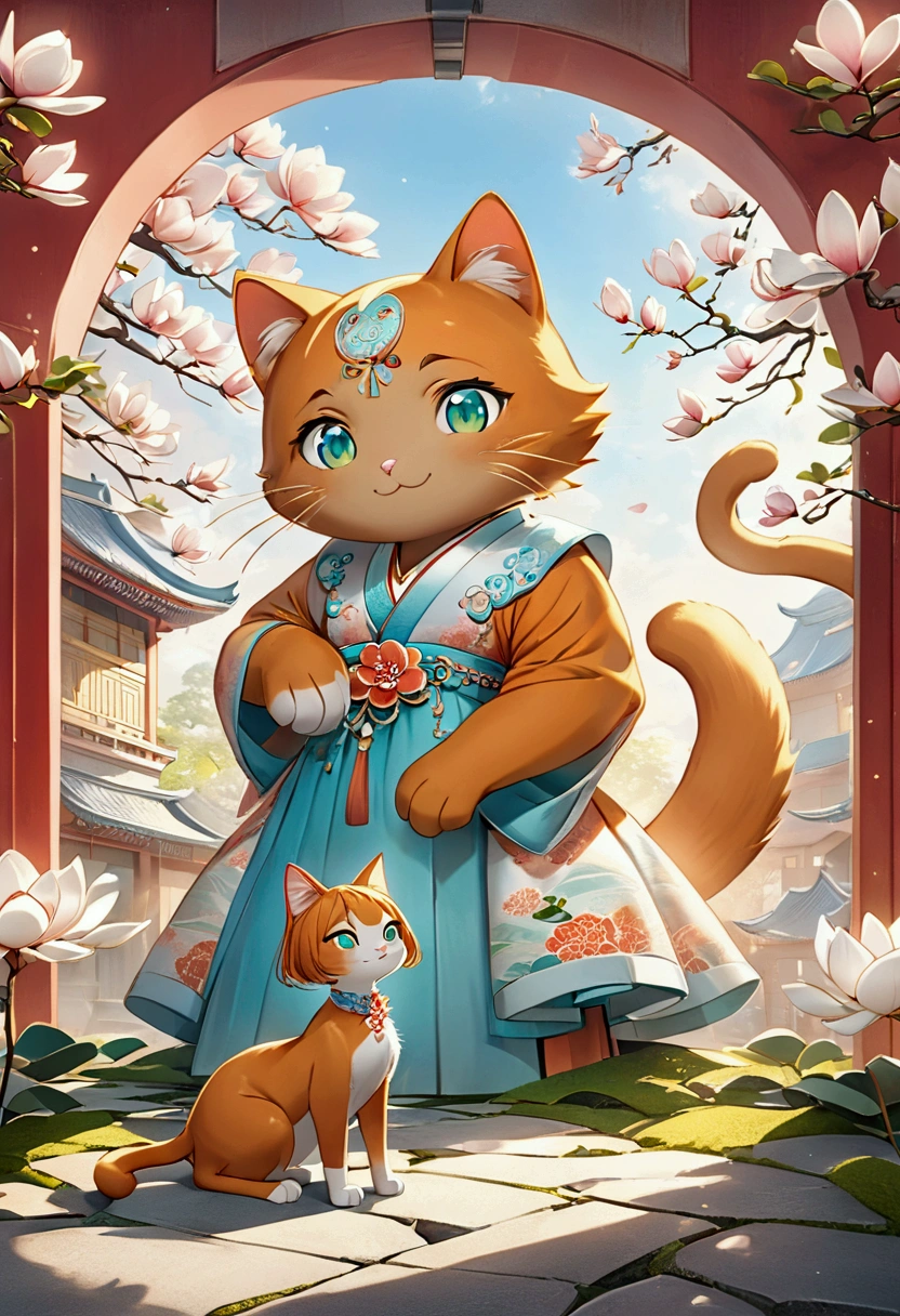 A giant orange cat，with long tail，Whimsical surreal 3D rendering, Thick hair, Located in an ancient, Well-designed buildings. The cat gazes lovingly at a young woman in an exquisite dress, Decorated with magnolia flower pattern. woman, With a bright smile, Gently grasp the cat&#39;s front paws, The red wall behind them is decorated with delicate magnolia flowers.. The whole scene exudes a dreamy, Magical atmosphere, reminiscent of an Japanese cartoons-inspired fantasy., 3D Rendering, Japanese cartoons