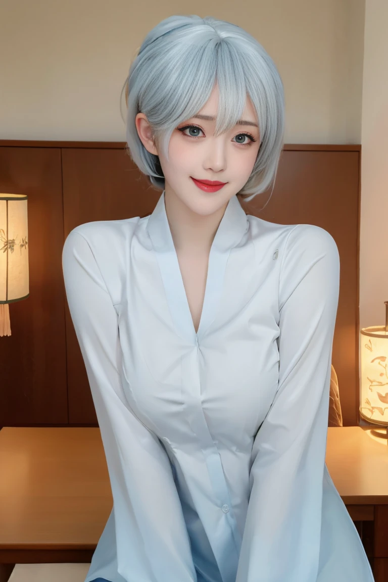 ulzzang-6500-v1.1,(raw photo:1.2),((photorealistic:1.30)), ((best quality)) ,((masterpiece)),((Ultra High Resolution)), ((Clear View)),,Ultra-high resolution,Clear face,（Reality：1.4) ,  illustration, an extremely delicate and beautiful, extremely detailed ,CG ,unity ,8k wallpaper, Amazing, finely detail, masterpiece,best quality,official art,extremely detailed CG unity 8k wallpaper,absurdres, incredibly absurdres, huge filesize, ultra-detailed, highres, extremely detailed,beautiful detailed girl, extremely detailed eyes and face, beautiful detailed eyes,light on face,cinematic lighting, 25 year old woman, 1 girl, long hair,cute, 独奏, bedroom, tutoring, books in table, fruit in table, chair beside table, sitting, dating, (nose blush), (smile:1.15), (closed mouth) ,small breasts, beautiful detailed eyes, (collared shirt:1.1),kimono, (short hair:1.5), floating hair NovaFrogStyle, silver hair, Blue eyes, natural lips, slim body, standing, full body,