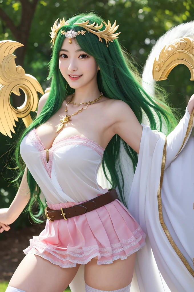 Erotic、Palutena Palutena / Hikari Shinwa Palutena no Kagami (Kid Icarus)masterpiece, Highest quality, High resolution, hmpa1, pink, Parted bangs, tiara, Big Tits, necklace, Exposing shoulders, Strapless Dress, Arm guard, belt, White Dress, White knee socks, Single knee socks, Outdoor, holding staff, staff, Hold a shield,Erotic、Alluring、Smiling thinly、Erotic、Beautiful armpits