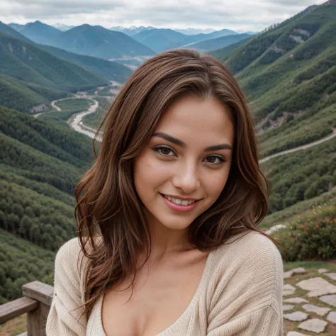 A 22-year-old woman with an elegant appearance. A 22-year-old model posing at a mountain retreat during the day. The background ...