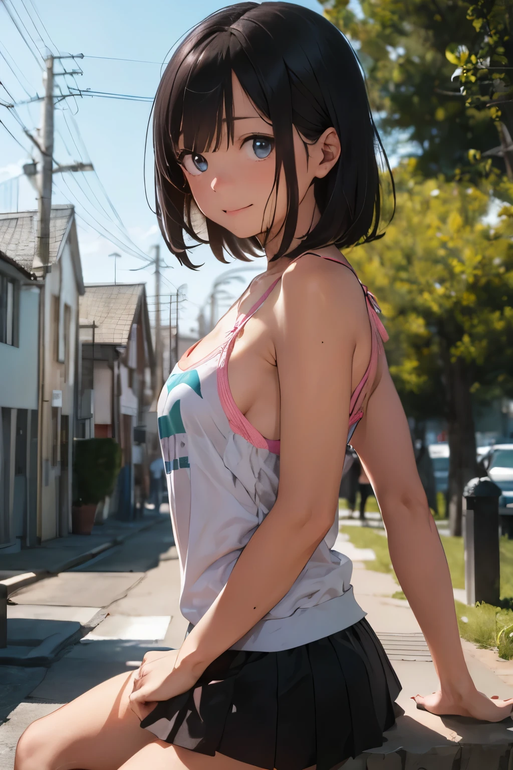 エメラルドグリーンとPink camisole、1 shot,((Perfect Anatomy:1.3,Realistic:1.3,RAW Photos:1.3,masterpiece、Highest quality、Ultra - High resolution、High resolution、Extremely detailed CG、8k)),Cowboy Shot,1 female,alone、20 year old beauty,Japanese,((Beautiful and exquisite face and eyes,Gorgeous eyes)),Black Hair,short hair,bangs,smile,((Small breasts,Ideal body proportions:1.3,Slender body,Skinny Sweatshirt)),(Oily skin,Glowing Skin,Glowing Skin),(T-Shirts,Pleated mini skirt),Are standing,garden、Playground equipment、Outdoor、sunlight、Female、Seaside town、cute、look back、8kで、Large file size、detailed、Psychedelic Color、meteorite、Emerald green tank top、Pink camisole、Ecstatic expression、（ Squint your eyes :1.1）Structure of the film、to be born々New skin texture、Arm hair、Realistic skin texture (1.8), 細孔のdetailed (1.7), Thin vellus hair (1.7), Micro Skin Relief (1.6), Natural skin moisturization (1.5), Skin Transparency (1.6), Soft Skin Highlights (1.7), Faint goosebumps (1.4), Scattered beneath the surface (1.7), マクロスキンのdetailed (1.8)Black sleeveless、pores、 Dark Room,常にdetailed,finely,High resolution, High resolution,Deep Shadow,High Contrast,(8k、to be born写真、Highest quality、masterpiece:1.2)、(Realistic,Realistic:1.8) ,whole body,Amazingly beautiful eyes,Natural Lip,(Saggy breasts:1.1)（ Squint eyes :1.5）1 girl、View your viewers、Beautifully detailedな顔,,Mouth half open,、narrow,Floating Hair,Dark brown hair, short hair, Brown eyes, front, detailedな顔,Japanese girl sitting in the middle of the room,Wide viewing angles, Messy room, looking at the camera, Black camisole,Arm hair、Brown Hair,View your viewers,Beautifully detailedな顔, Cinematic Light,(Film Gain:1.4)|(VHS Video:1.2)(old analog film photography:1.4) Vintage Film (1.8), Analog camera (1.5), Film Grain (1.4), Light leakage (1.2), Soft Focus (1.3), Warm tones (0.2), Retro aesthetic (1.7), Lomography (1.3), Nostalgic atmosphere (1.8), Polaroid style (1.5), Faded colors (1.9), Dreamy look (1.3), Overexposure (1.1), Vignette Effect (1.8), Blurred Edges (1.4),Dusty room,Moisturized Skin、Beautifully detailedな顔,