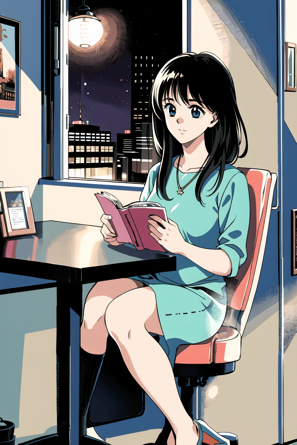 (highest quality, masterpiece),A girl reading while listening to music in a cafe、earphone、girl、reading、night cafe、Nostalgic atmosphere Sitting　Girl silhouette　A face thinking while looking outside　Black Hair