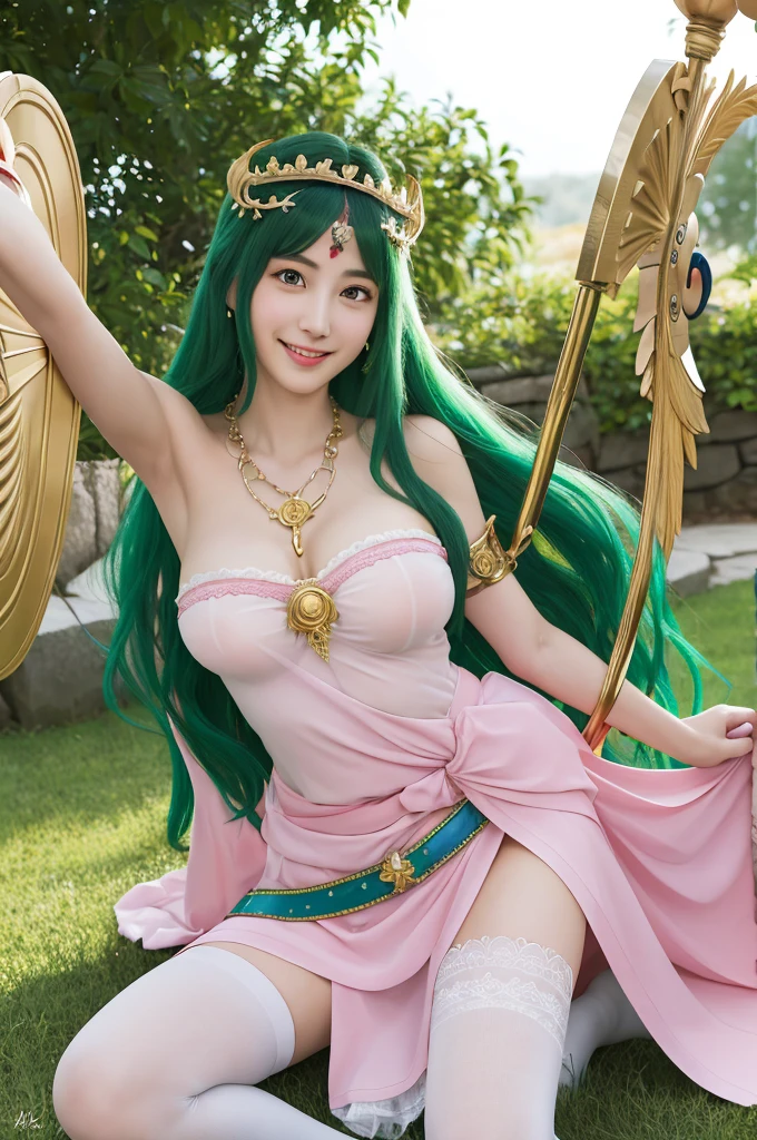 Erotic、Palutena Palutena / Hikari Shinwa Palutena no Kagami (Kid Icarus)masterpiece, Highest quality, High resolution, hmpa1, pink, Parted bangs, tiara, Big Tits, necklace, Exposing shoulders, Strapless Dress, Arm guard, belt, White Dress, White knee socks, Single knee socks, Outdoor, holding staff, staff, Hold a shield,Erotic、Smiling seductively、Erotic、Beautiful armpits、Succubus